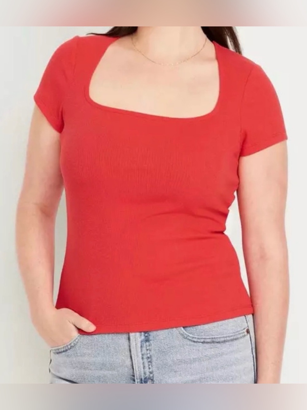 Old Navy Short Sleeve Square Neck Ribbed T-Shirt, Bright Coral, sz S Tall